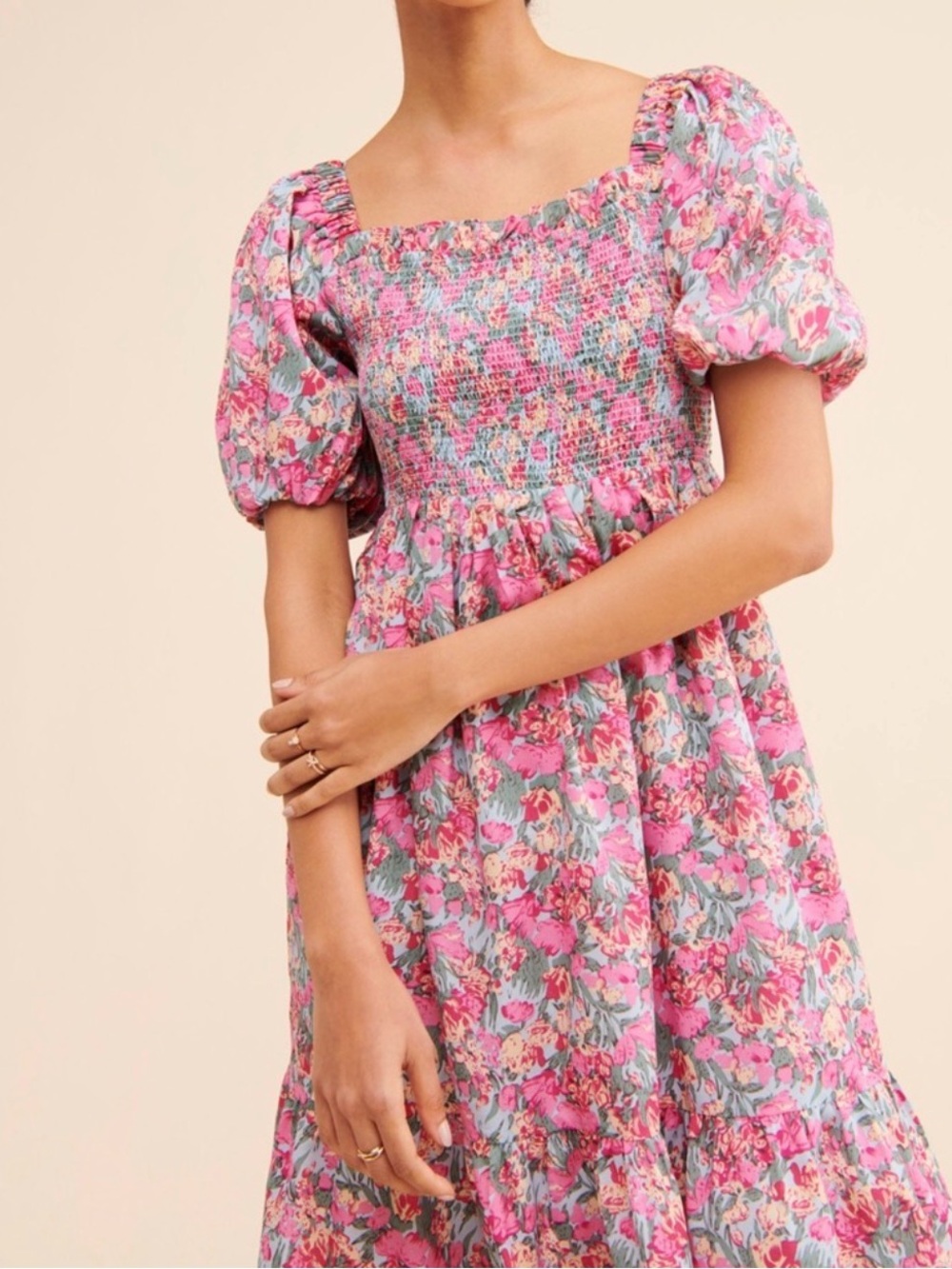 Free The Roses Smocked Tiered Puff Sleeve Dress